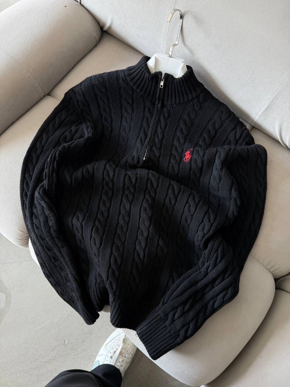 Polo Siyah Yarım Fermuar Kazak